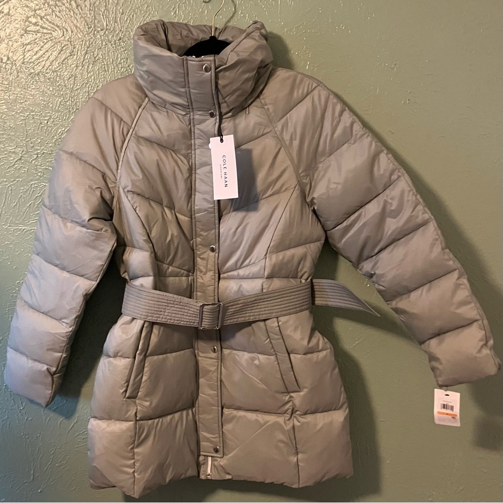 Cole Haan Quilted Belted Puffer Coat - Sage Green